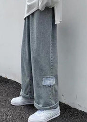 Casual Blue Pockets Denim Men Wide Leg Pants Fall