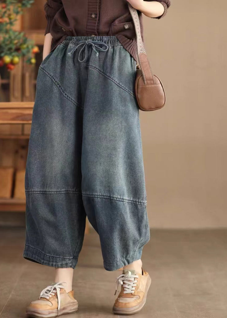 Casual Blue Pockets Elastic Waist Cotton Harem Pants Spring