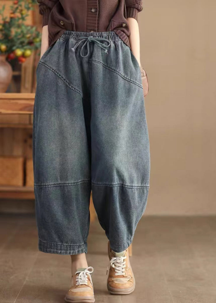 Casual Blue Pockets Elastic Waist Cotton Harem Pants Spring