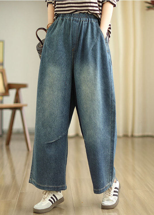 Casual Blue Pockets Elastic Waist Denim Wide Leg Pants Spring