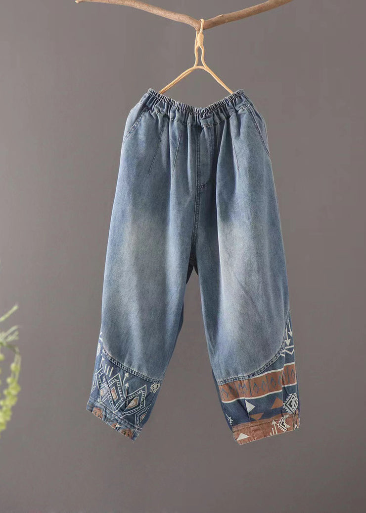 Casual Blue Pockets Elastic Waist Patchwork Denim Crop Pants Summer