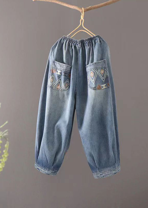 Casual Blue Pockets Elastic Waist Patchwork Denim Crop Pants Summer