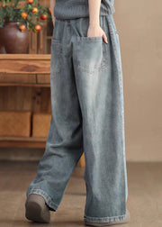 Casual Blue Pockets High Waist Denim Wide Leg Pants Spring