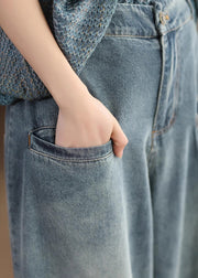 Casual Blue Pockets High Waist Denim Wide Leg Pants Spring