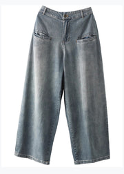 Casual Blue Pockets High Waist Denim Wide Leg Pants Spring