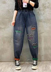 Casual Blue Pockets Patch Elastic Waist Denim Pants Spring