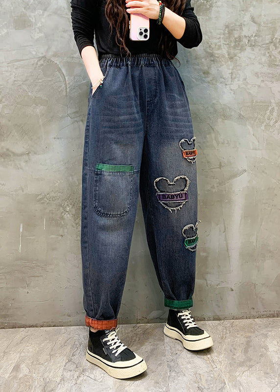 Casual Blue Pockets Patch Elastic Waist Denim Pants Spring