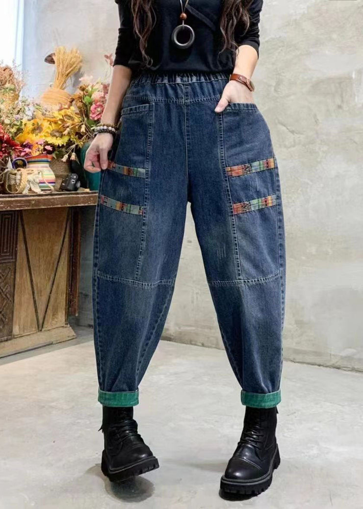 Casual Blue Pockets Patchwork Applique Denim Harem Pants