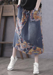 Casual Blue Pockets Print Patchwork Elastic Waist Denim Skirt Spring