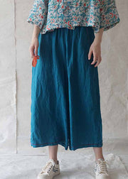 Casual Blue Pockets Solid Linen Wide Leg Pants Summer