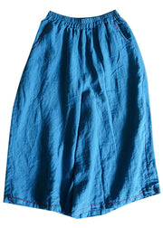 Casual Blue Pockets Solid Linen Wide Leg Pants Summer
