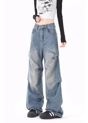 Casual Blue Pockets Wrinkled Denim Wide Leg Pants Spring