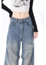 Casual Blue Pockets Wrinkled Denim Wide Leg Pants Spring