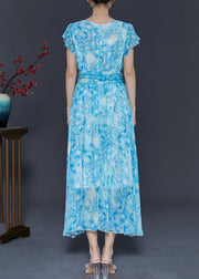 Casual Blue Print Chiffon Beach Dress Butterfly Sleeve