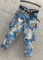 Casual Blue Print High Waist Sashes Harem Pants