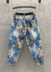 Casual Blue Print High Waist Sashes Harem Pants