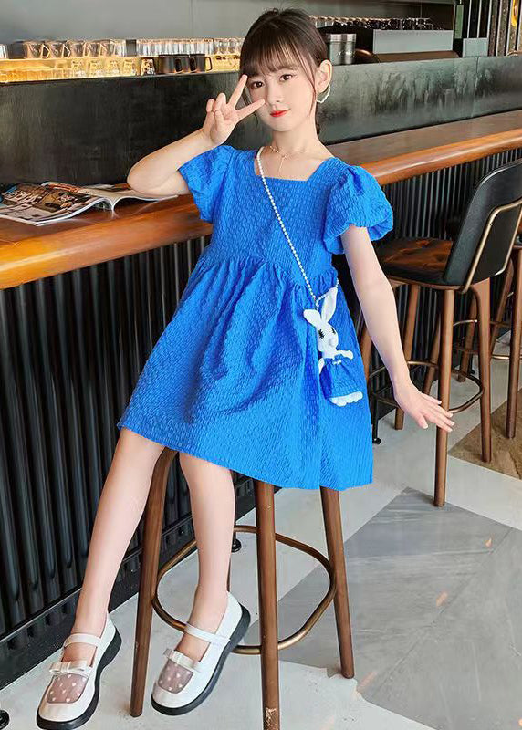 Casual Blue Puff Sleeve Bow Rabbit Cotton Kids Girls Long Dress Summer