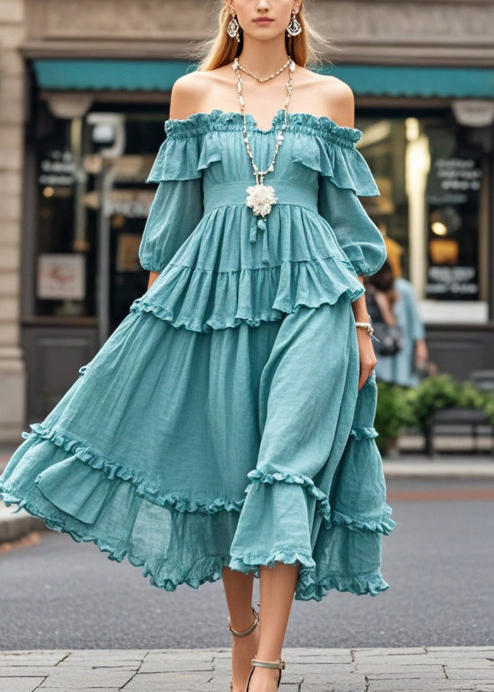 Casual Blue Ruffled Cold Shoulder Cotton Dress Summer