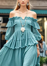 Casual Blue Ruffled Cold Shoulder Cotton Dress Summer