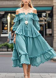 Casual Blue Ruffled Cold Shoulder Cotton Dress Summer