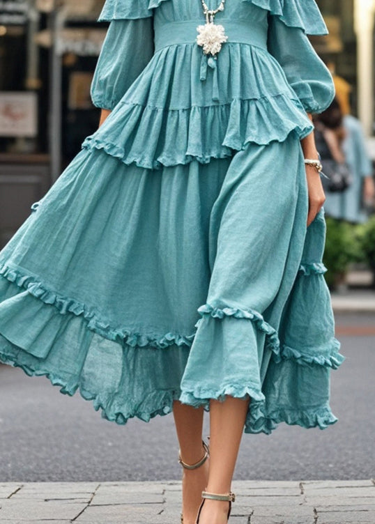 Casual Blue Ruffled Cold Shoulder Cotton Dress Summer