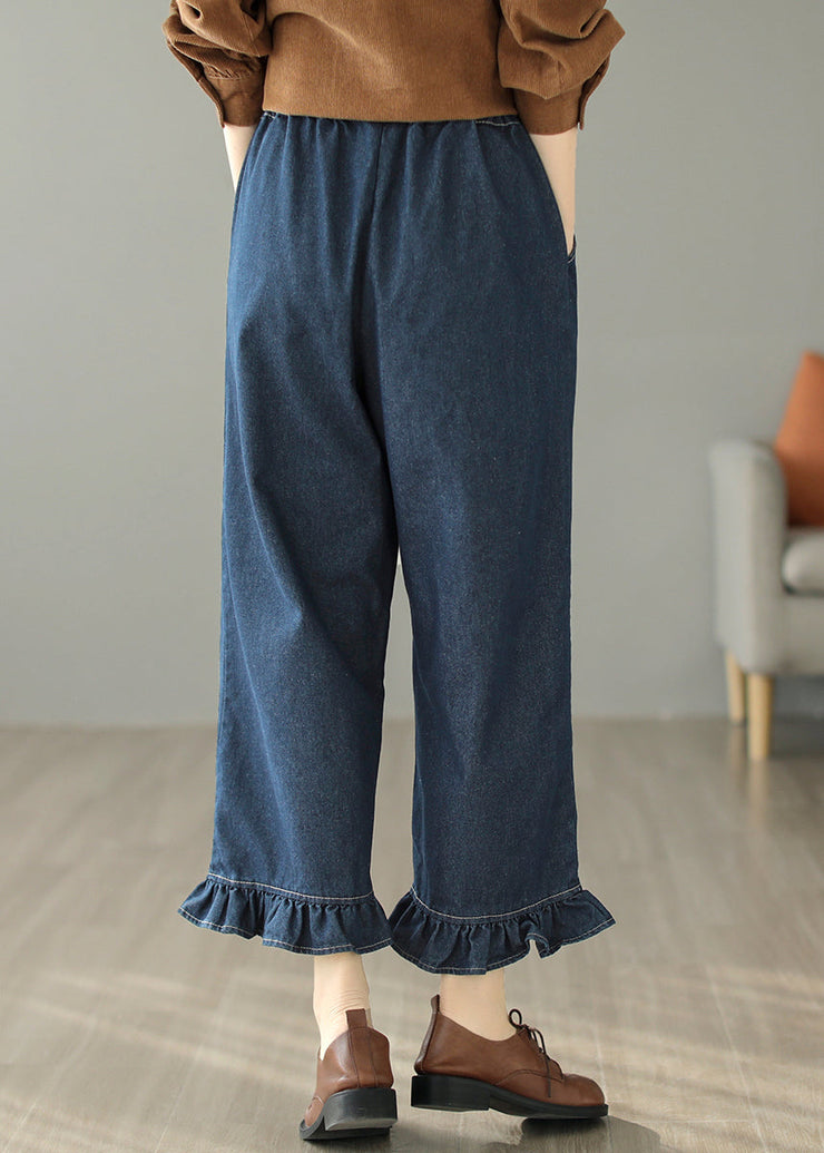 Casual Blue Ruffled Patchwork Pockets Straight Jeans Spring