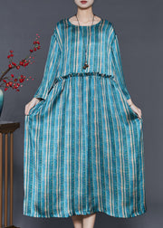 Casual Blue Ruffled Striped Cotton Dress Spring