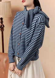 Casual Blue Scarf Striped Button Knit Sweater Winter