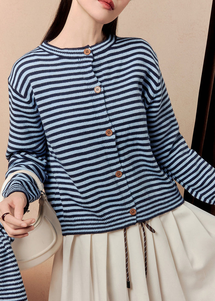 Casual Blue Scarf Striped Button Knit Sweater Winter