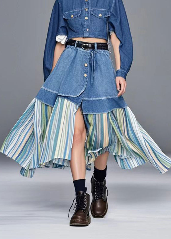 Casual Blue Side Open Patchwork Striped Denim Skirt Spring