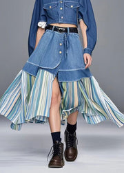 Casual Blue Side Open Patchwork Striped Denim Skirt Spring