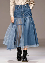 Casual Blue Silm Fit Tulle Patchwork Denim Skirt Spring