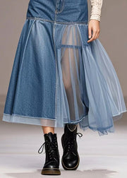 Casual Blue Silm Fit Tulle Patchwork Denim Skirt Spring