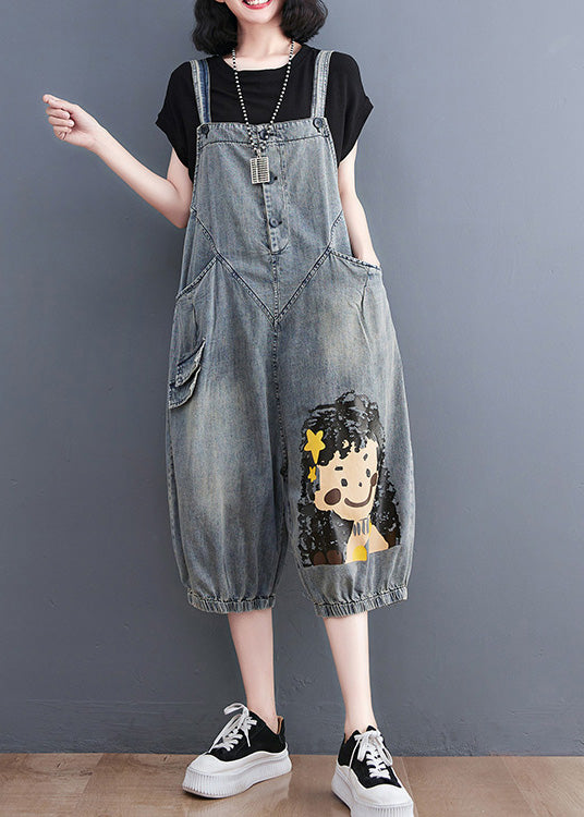 Casual Blue Slash Neck City Girl Denim Jumpsuit Summer