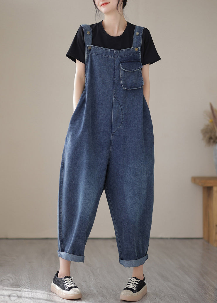 Casual Blue Slash Neck Patchwork Button Denim Jumpsuit Summer