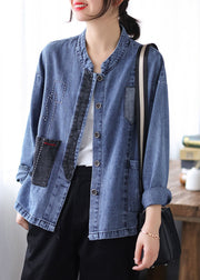 Casual Blue Stand Collar Patchwork Button Denim Coats Spring