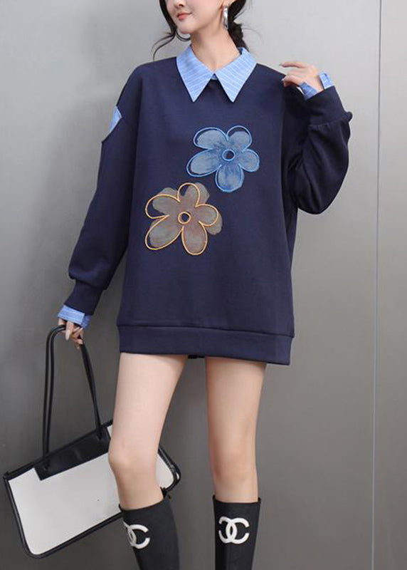 Casual Blue Striped Print Patchwork Sweatshirts Spring