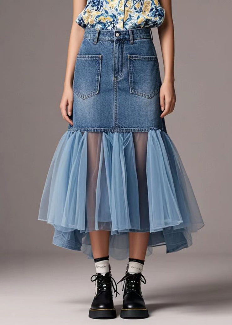 Casual Blue Tulle Patchwork Denim Wraped Skirt Spring