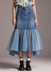 Casual Blue Tulle Patchwork Denim Wraped Skirt Spring