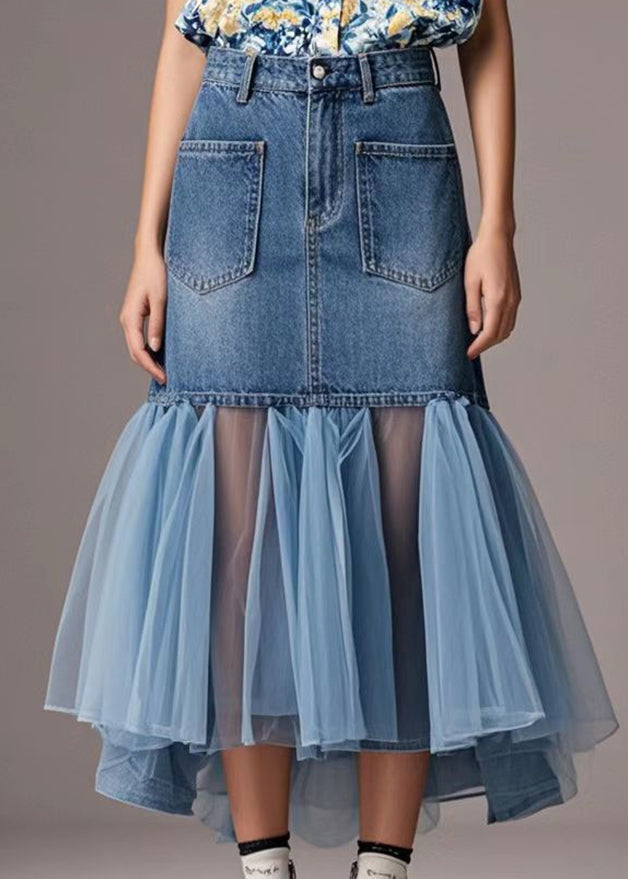 Casual Blue Tulle Patchwork Denim Wraped Skirt Spring