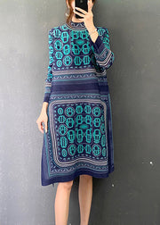 Casual Blue Turtleneck Print Patchwork Holiday Dress Long Sleeve