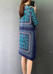 Casual Blue Turtleneck Print Patchwork Holiday Dress Long Sleeve