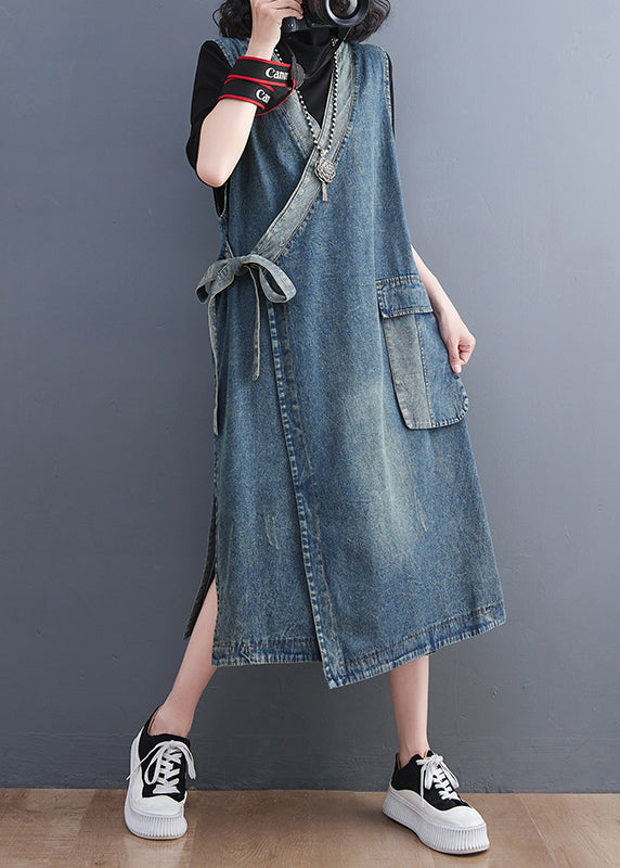 Casual Blue V Neck Asymmetrical Patchwork Tie Waist Denim Long Dresses Sleeveless