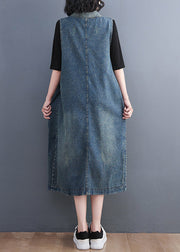 Casual Blue V Neck Asymmetrical Patchwork Tie Waist Denim Long Dresses Sleeveless