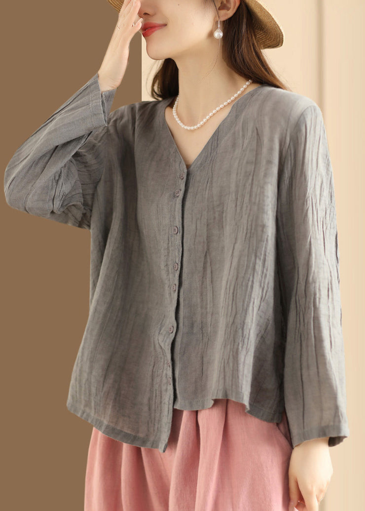 Casual Blue V Neck Button Wrinkled Linen Top Long Sleeve