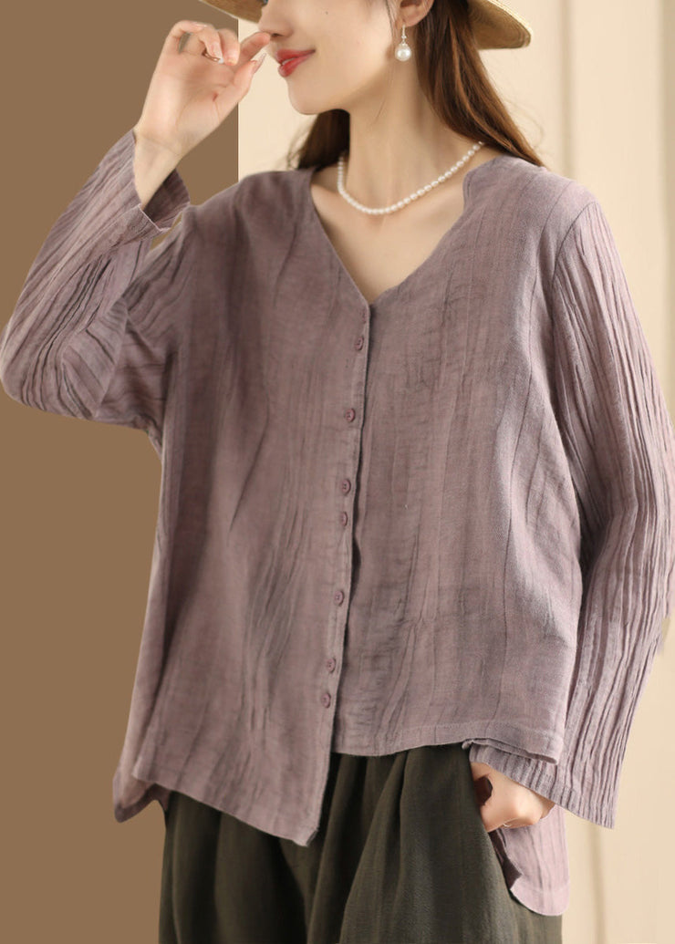 Casual Blue V Neck Button Wrinkled Linen Top Long Sleeve