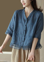 Casual Blue-print1 V Neck Embroidered Solid Ramie Shirt Half Sleeve