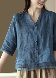 Casual Blue-print2 V Neck Embroideried Solid Ramie Shirt Half Sleeve