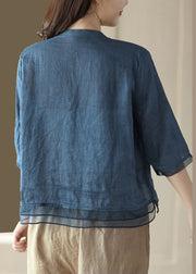 Casual Blue V Neck Embroidered Solid Ramie Shirt Half Sleeve