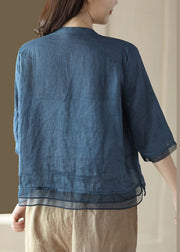 Casual Blue-print2 V Neck Embroidered Solid Ramie Shirt Half Sleeve